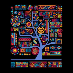 African Aztec Inka Tribal Tree of Life, Fire & Water variant, Contemporary ethnic cross stitch/tapestry chart by Vivienne Powers - No. 158D