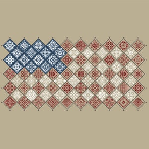 Muestrario de punto de cruz Quaker con la bandera de EE. UU., diseño patriótico de cuadrados de patchwork con mosaicos del Día de la Independencia del 4 de julio de Vivsters, gráfico contado en PDF 042US
