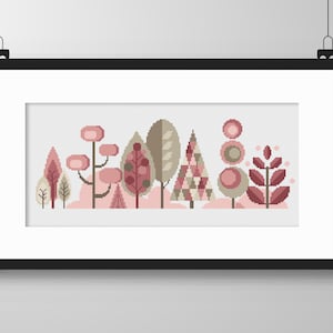 Cross Stitch Scandinavian Forest Trees - PASTELS - Pink/Beige - Modern Folk Art design by Vivsters - PDF counted chart 050F