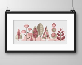 Cross Stitch Scandinavian Forest Trees - PASTELS - Pink/Beige - Modern Folk Art design by Vivsters - PDF counted chart 050F
