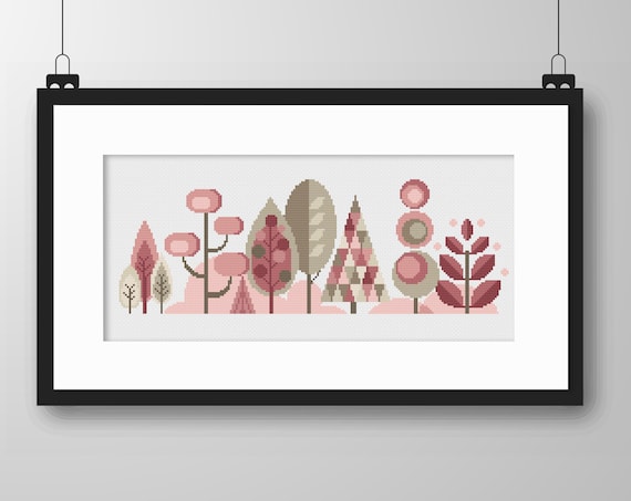Scandinavian Forest Cross Stitch Pattern, Pastel Folk Art Pink