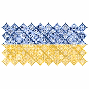Puede incluir: Un diseño gráfico rectangular compuesto por una cuadrícula de azulejos en forma de diamante. La mitad superior presenta azulejos azules con patrones geométricos blancos, mientras que la mitad inferior presenta azulejos amarillos.