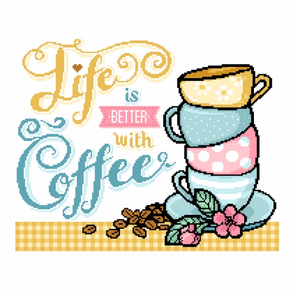 Cross Stitch pattern Life is Better with Coffee with colourful tea cups vintage poster cafe sign style Teatime Poster counted PDF chart 159B