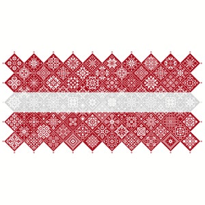 Cross Stitch Quaker Sampler Letonia Bandera mosaico mosaico cuadrados diseño patriótico por Vivienne Powers, PDF contado gráfico 042LV