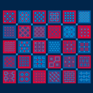 Cross Stitch Stitchery Sampler Macro Squares - Mosaico de azulejos antiguos en rojo/azul - Bordado tradicional - Vivsters PDF contado gráfico 275