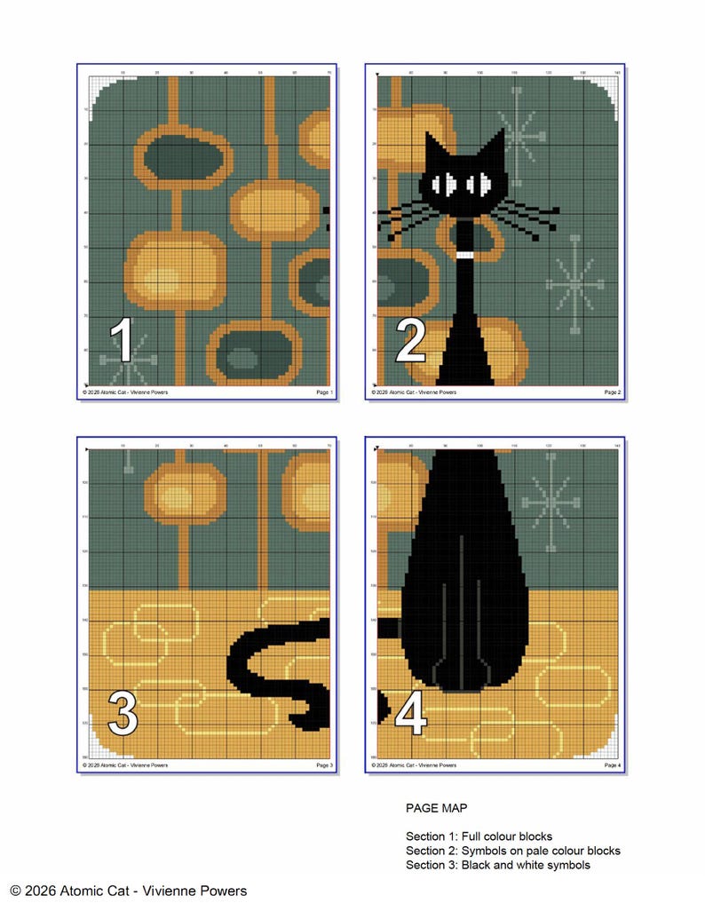 Atomic Mid-Century styled Cat, Contemporary cross stitch pattern (PDF Counted Chart 022) image 8