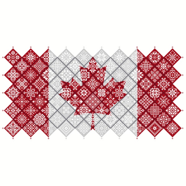 Modèle de point de croix Quaker Sampler Drapeau canadien en forme de feuille d'érable carrelé en patchwork de carrés, motif patriotique par Vivsters, tableau compté PDF 042CA