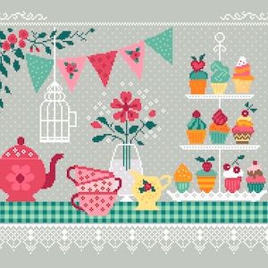 May include: A vintage-inspired illustration of a tea party with a teapot, teacups, a tiered cake stand with cupcakes, a birdcage, and a vase of flowers. The scene is set against a light gray background with a checkered tablecloth and a white lace trim.
