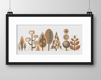 May include: A cross-stitch pattern of a stylized forest scene with geometric trees in shades of brown, beige, and gray.
