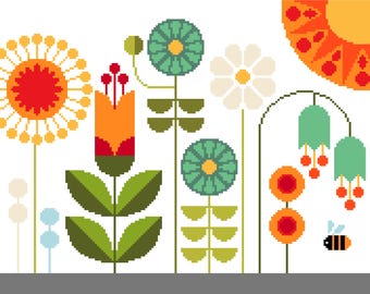 May include: A pixel art illustration featuring a variety of stylized flowers in shades of red, orange, yellow, green, and white. The composition includes a large sun in the upper right corner and a small bee near the bottom right, all on a white background.