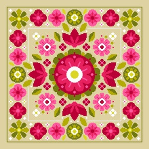 May include: A square floral pattern with pink, green, and white flowers. The pattern is surrounded by a white border.