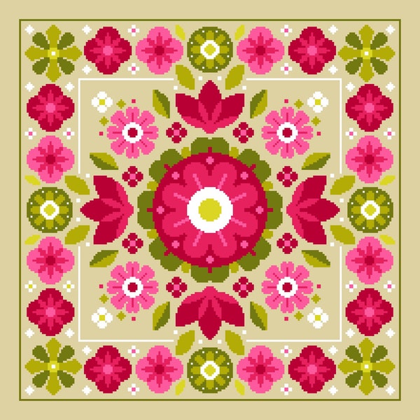 Cross stitch pattern, Neon series pink geometric linear flower bouquet Mandala Scandinavian design Instant PDF chart by Vivienne Powers 044B