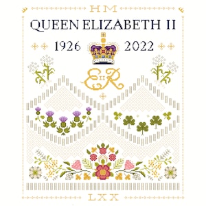 Cross Stitch Sampler to commemorate HM Queen Elizabeth II 70th Jubilee and memorial based on Coronation Commonwealth Gown counted chart 093