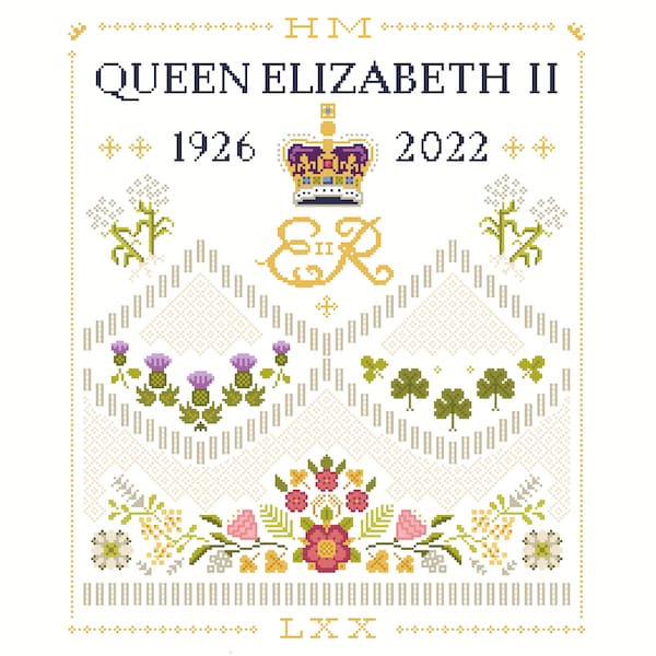 Cross Stitch Sampler to commemorate HM Queen Elizabeth II 70th Jubilee and memorial based on Coronation Commonwealth Gown counted chart 093