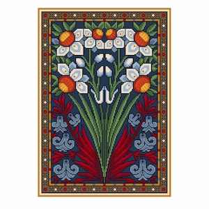 Patrón de punto de cruz, adaptación de la baraja Tulipanes Imperiales, diseño de punto de cruz de Owen Jones de 1865 de Vivienne Powers, gráfico contado en PDF 223