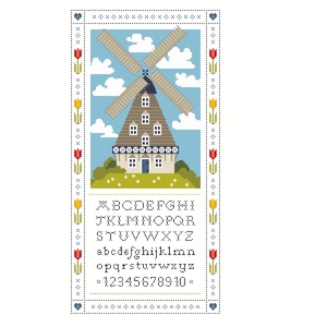 May include: A cross-stitch pattern featuring a brown windmill with white trim and a blue roof. The windmill is set against a blue sky with white clouds. The pattern includes a border of red, yellow, and green tulips. The pattern also includes the alphabet and numbers in a blue font.