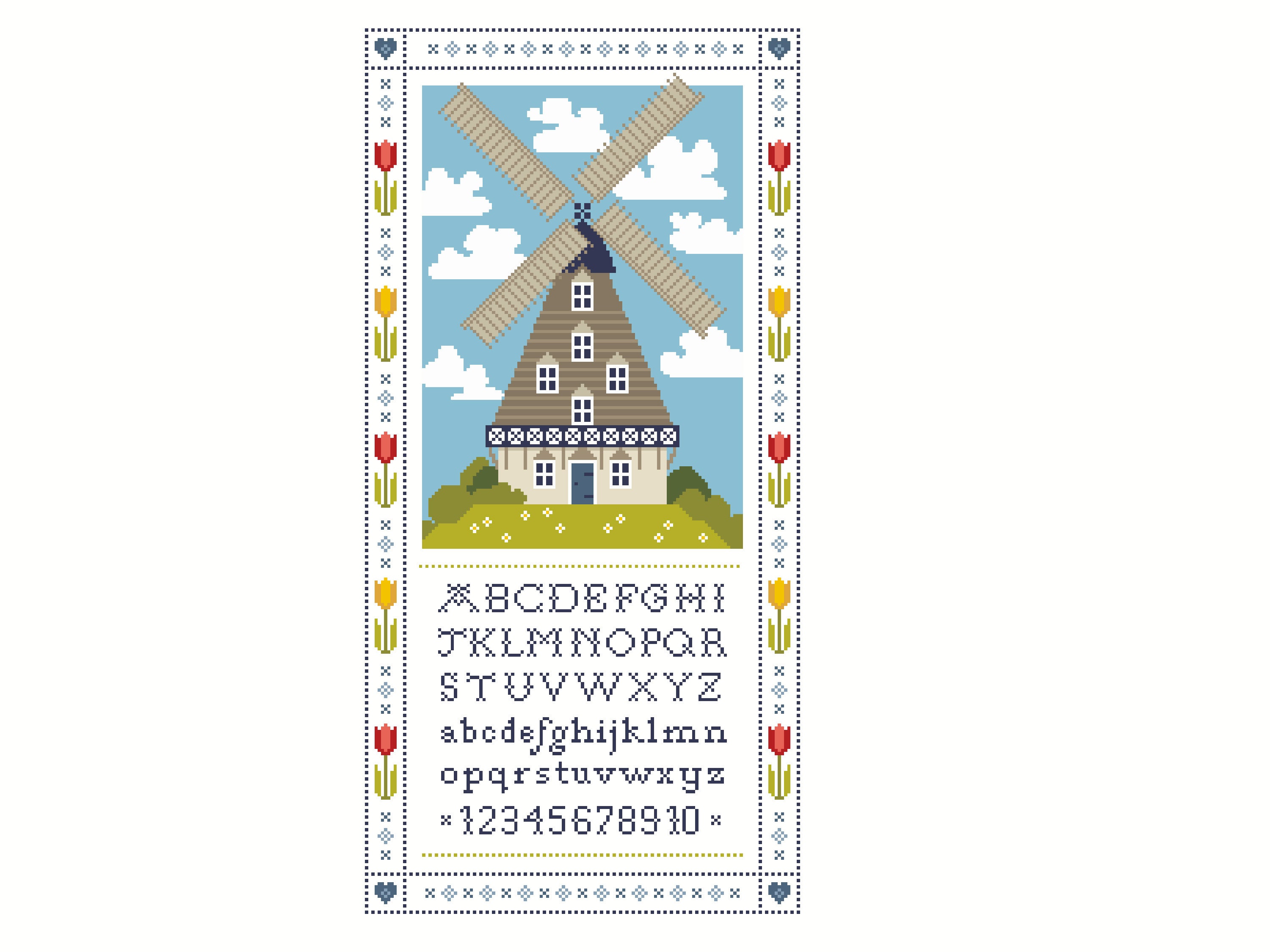 Dutch Windmill Cross Stitch Pattern: Tulip Border Alphabet Sampler