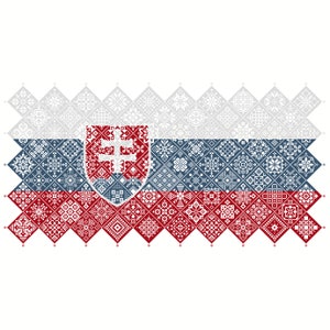 Cross Stitch Quaker Sampler Bandera de Eslovaquia cuadrados de mosaico de azulejos diseño patriótico de Vivienne Powers, gráfico contado PDF 042SK