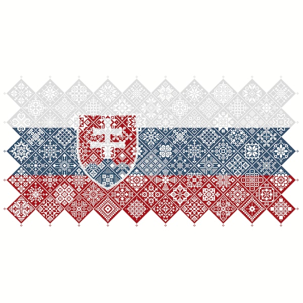 Cross Stitch Quaker Sampler Slovakia Flag tiled patchwork squares patriotic design by Vivienne Powers, PDF counted chart 042SK