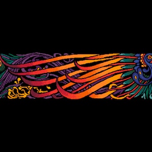 May include: A colorful, stylized illustration of a bird with its wings spread wide. The bird is depicted in shades of orange, red, purple, and blue, with intricate details in its feathers and beak. The background is black.