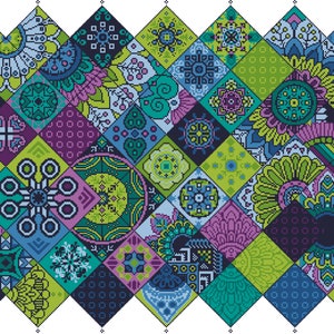 Mosaicos de patchwork para punto de cruz: cuadrados geométricos otomanos, bohemios, islámicos y árabes. Arte popular étnico. COLORES AZULES. Gráfico contado en PDF 054C