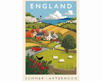 Pode incluir: Um cartaz em pixel art intitulado ENGLAND SUMMER AFTERNOON apresentando uma paisagem rural com um carro vermelho numa estrada sinuosa, um farol num penhasco, uma aldeia com igreja, colinas verdes, ovelhas a pastar e flores vermelhas.