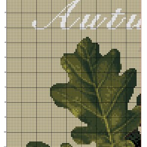 May include: A cross-stitch pattern chart on a grid background featuring a large green oak leaf and the partial white cursive text "Autu". The design includes numbered grid lines and the copyright text "&copy; 2026 Rustic English Oak - Vivienne Powers".