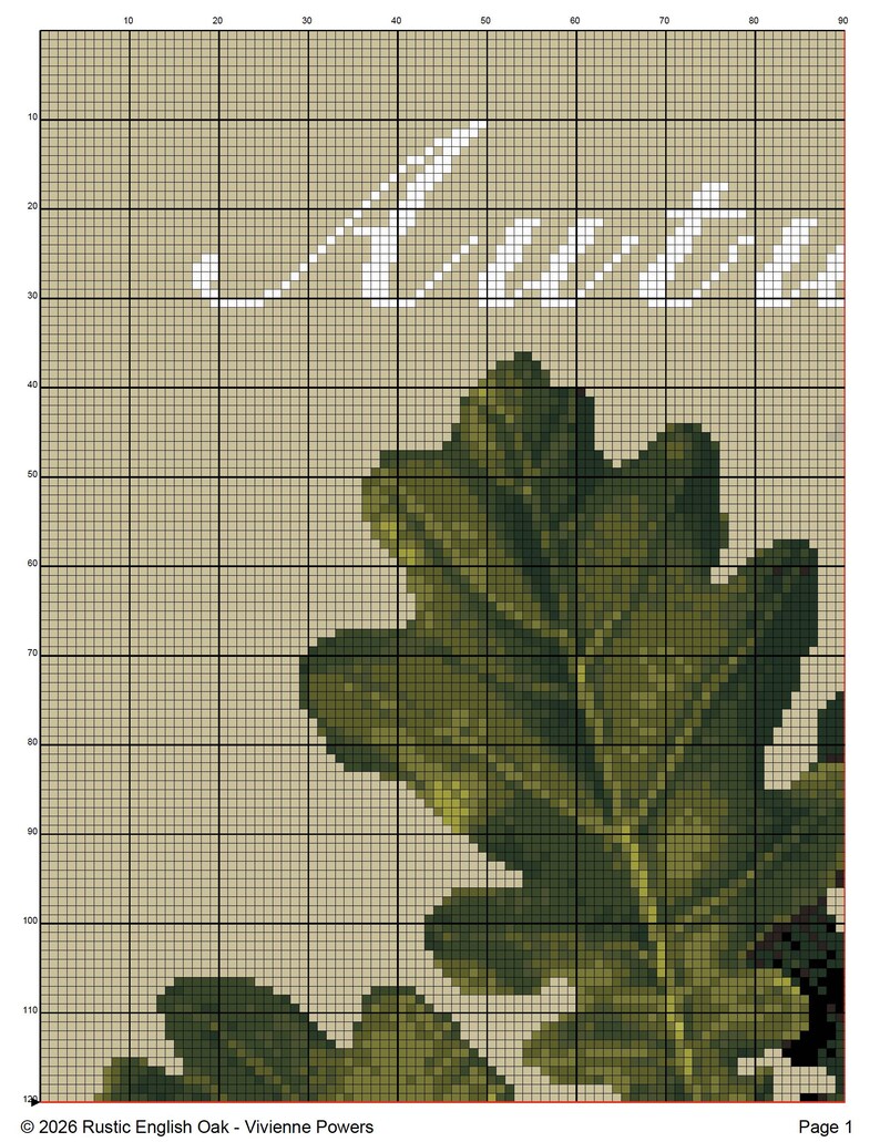 May include: A cross-stitch pattern chart on a grid background featuring a large green oak leaf and the partial white cursive text "Autu". The design includes numbered grid lines and the copyright text "&copy; 2026 Rustic English Oak - Vivienne Powers".
