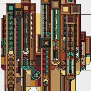 Art Deco Cross Stitch Pattern: Saguaro and Flowers, Brown version (PDF Counted Chart 251D) image 2