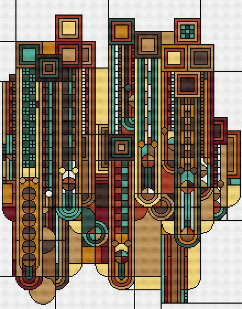 Art Deco Cross Stitch Pattern: Saguaro and Flowers, Brown version (PDF Counted Chart 251D) image 2