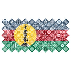 Muestrario de punto de cruz Quaker con la bandera de Nueva Caledonia, cuadrados de mosaico con diseño patriótico de Vivsters, gráfico contado en PDF 042NC