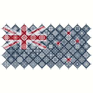Cross Stitch Quaker Sampler Bandera de Nueva Zelanda mosaico cuadrados diseño patriótico por Vivsters, PDF contado gráfico 042NZ