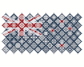 Cross Stitch Quaker Sampler New Zealand Flag tiled patchwork squares patriotic design by Vivsters, PDF counted chart 042NZ