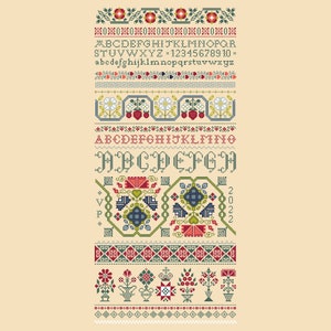 May include: A cross-stitch pattern featuring a colorful alphabet, floral designs, and geometric patterns. The pattern includes the numbers 1-10 and the year 2022.