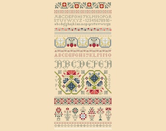 Cross Stitch Quaker LONG Band Sampler Alphabet, flowers, Vases, Borders, Ackworth vintage antique folk art Embroidery PDF counted chart 107B