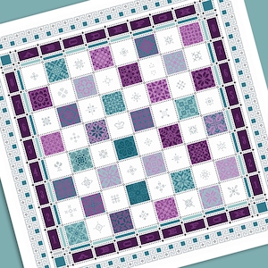 Patrón de punto de cruz de tablero de ajedrez completo, muestrario de fichas Quaker en combinación de colores de bosque de piedras preciosas, cuadrados geométricos de Vivsters, gráfico contado en PDF 221F