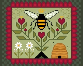 Queen Bumble Bee - Early American Primitive Fraktur Folk Art Quaker Style - cross stitch PDF chart by Vivsters - Cross Stitch Pattern - 157