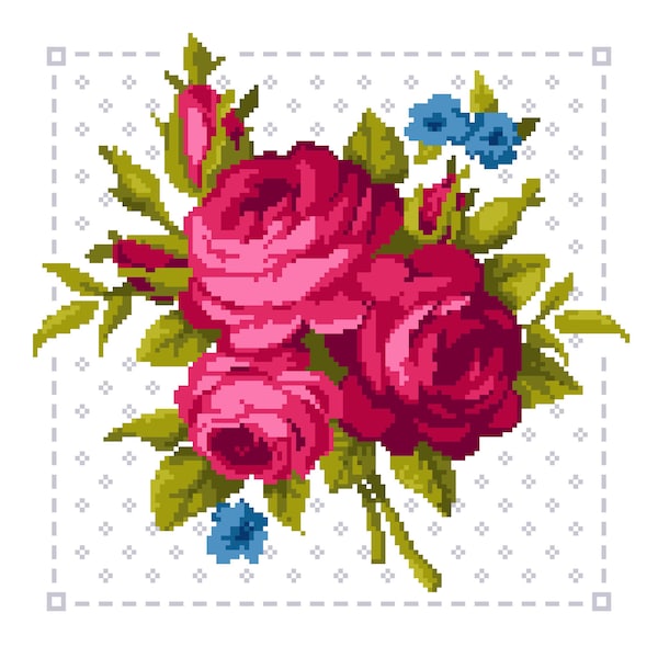 Cross Stitch Victorian Flowers - The Pink Rose - Pink & Blue floral lace background - Antique design by Vivsters - PDF counted chart 207A