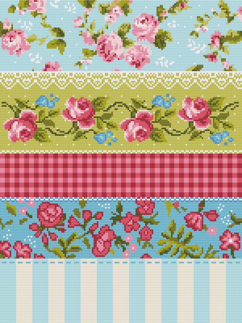Cross Stitch Floral Patchwork Victorian Rose Quilt Block Etsy