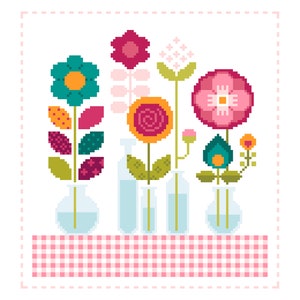 Patchwork floreale a punto croce - Fiori carini, mini bottiglie e vasi - Design Shabby Chic Folk Art di Vivsters - Schema contato PDF 064