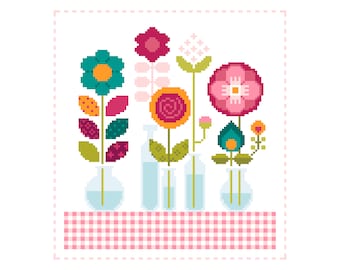 Cross Stitch Floral Patchwork - Cute flowers, mini bottles & vases - Shabby Chic Folk Art design by Vivsters - PDF counted chart 064