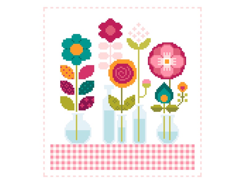 Cross Stitch Floral Patchwork Cute flowers, mini bottles & vases Shabby Chic Folk Art design by Vivsters PDF counted chart 064 image 1