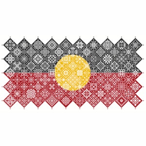 Muestrario de punto de cruz Quaker con la bandera aborigen australiana, mosaico de cuadrados de patchwork, diseño patriótico de Vivsters, gráfico contado en PDF 042AUA