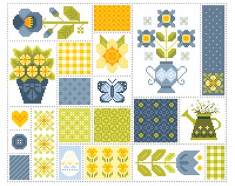 Cross Stitch Patchwork Quilt Flowers and fabric pattern squares, Seasons Series Spring, Folk Art Sampler by Vivsters, PDF counted chart 108A
