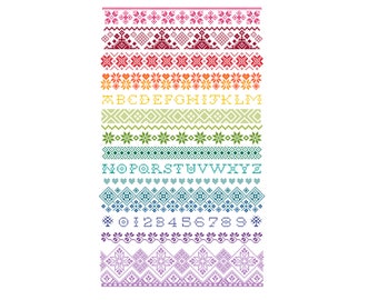 Kruissteekpatroon regenboogalfabet: KORTE gestreepte sampler (PDF getelde grafiek 131A)