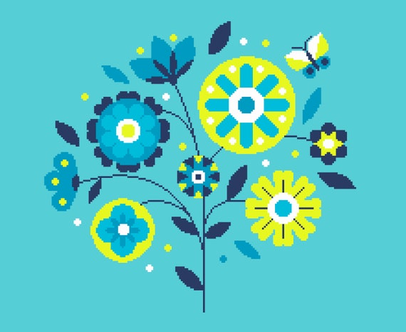 Cross Stitch Pattern Neon Blue Geometric Linear Flower Etsy