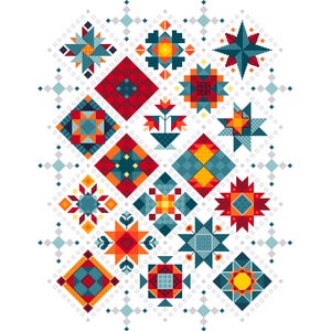 May include: A cross-stitch pattern featuring a collection of geometric quilt-inspired blocks arranged in a grid. The design includes stars, diamonds, and floral motifs in a palette of deep red, navy blue, teal, orange, and yellow on a white background.