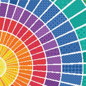 Może przedstawiać: Kolorowy wzór tęczy wykonany z małych kwadratów, ułożonych w kształt koła. Centrum koła to jasne żółte słońce z białym wzorem mandali.