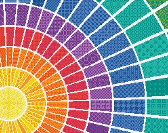 Può includere: Un motivo circolare con un design centrale a raggiera gialla circondato da anelli concentrici di segmenti rettangolari. Ogni segmento mostra un motivo geometrico unico in uno spettro di colori che include rosso, arancione, viola, blu e verde.