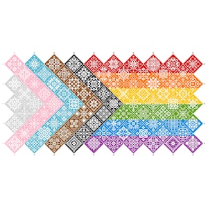 May include: A digital graphic featuring a chevron-shaped arrangement of diamond-shaped tiles. Each tile contains a unique white geometric cross-stitch pattern. The tiles are organized in vertical columns of varying colors including pink, blue, brown, black, red, orange, yellow, green, and purple.